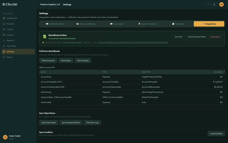 CPro360 QuickBooks integration