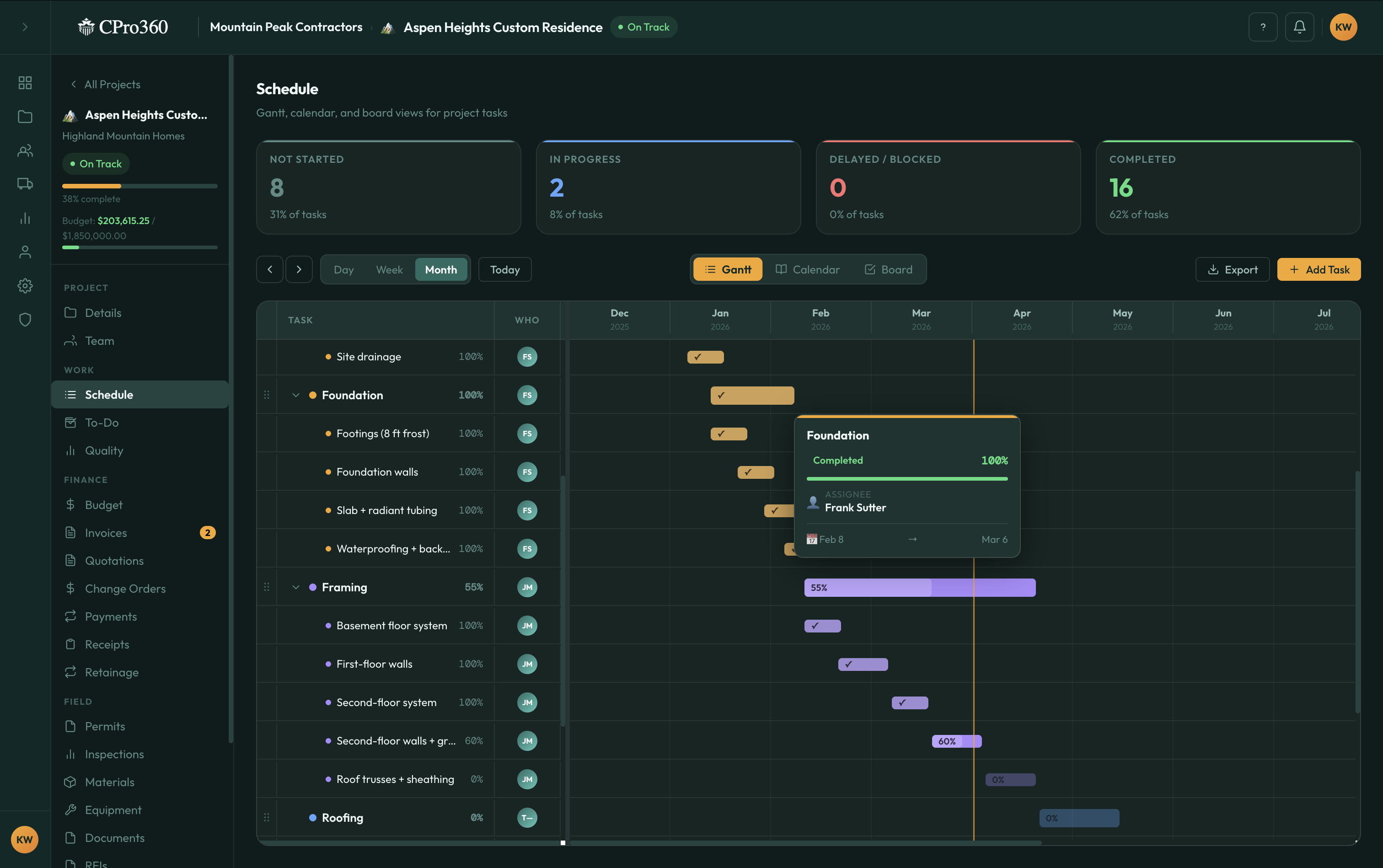 CPro360 Gantt chart with critical path
